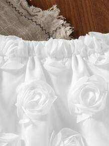 SHEIN 年轻女孩甜美优雅白色3D玫瑰纹理A字迷你裙 - 白色 - 查看 4