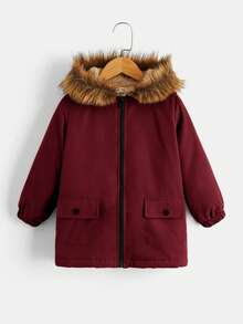 SHEIN 男小童毛絨內襯連帽外套 - 酒紅色 - 查看 3