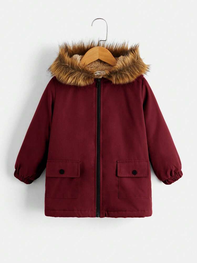 SHEIN 男小童毛絨內襯連帽外套 - 酒紅色 - 查看 3