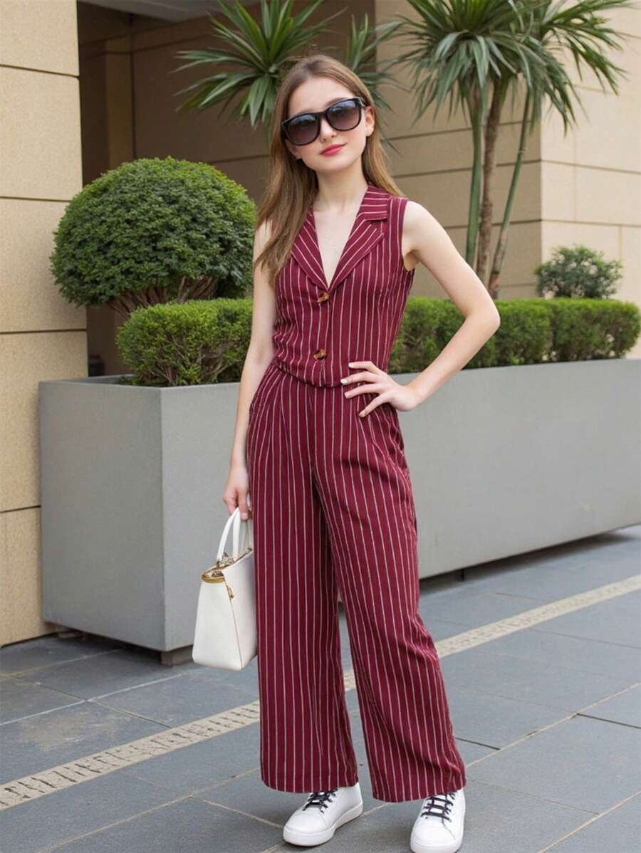SHEIN 2pcs Tween Girl Elegant Urban Commute Blue & White Striped Blazer And Pants Set - Red - View 1