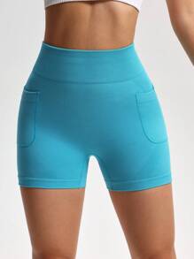 Sovereign Charm Solid Color High-Waisted Seamless Sports Shorts With Pockets Biker Shorts - Blue - View 7