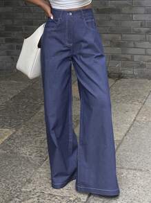 Livesso Quần Jeans Ống Rộng Túi Xiên Màu Trơn Cho Nữ - Màu xanh hải quân - Xem 1