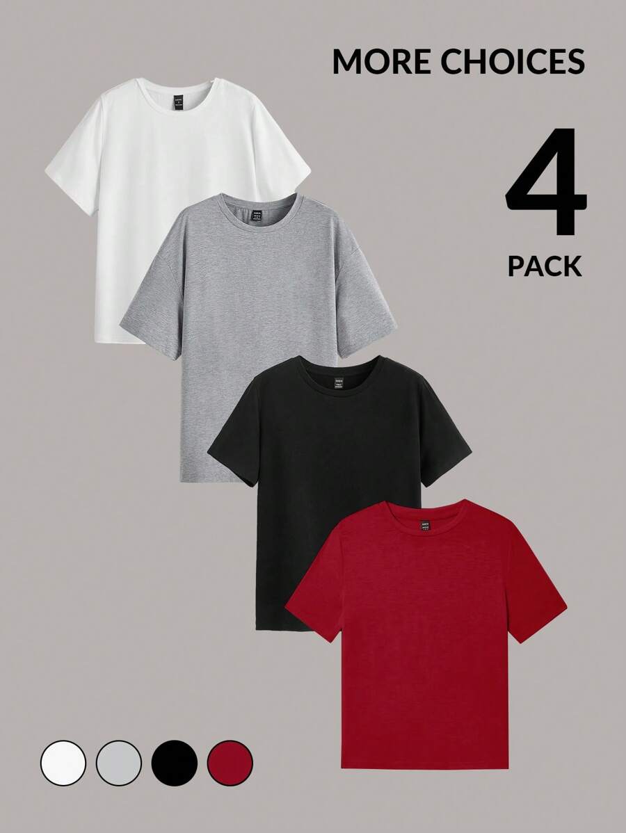 SHEIN Essnce 4件套休闲纯色圆领宽松短袖T恤女款，适合夏季 - 彩色 - 查看 1
