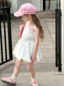 Young Girl Plain Woven Bowknot Strap Dress - White - View 4