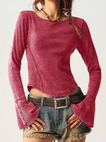 Bohemela BOHO Vacation Solid Color Knit Round Neck Flare Sleeve Fitted Regular Women T-Shirt