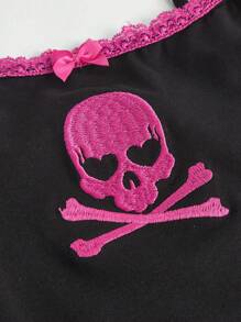 ROMWE Kawaii Skull Embroidery Contrast Lace Bow Detail Cami Top - Black - View 6