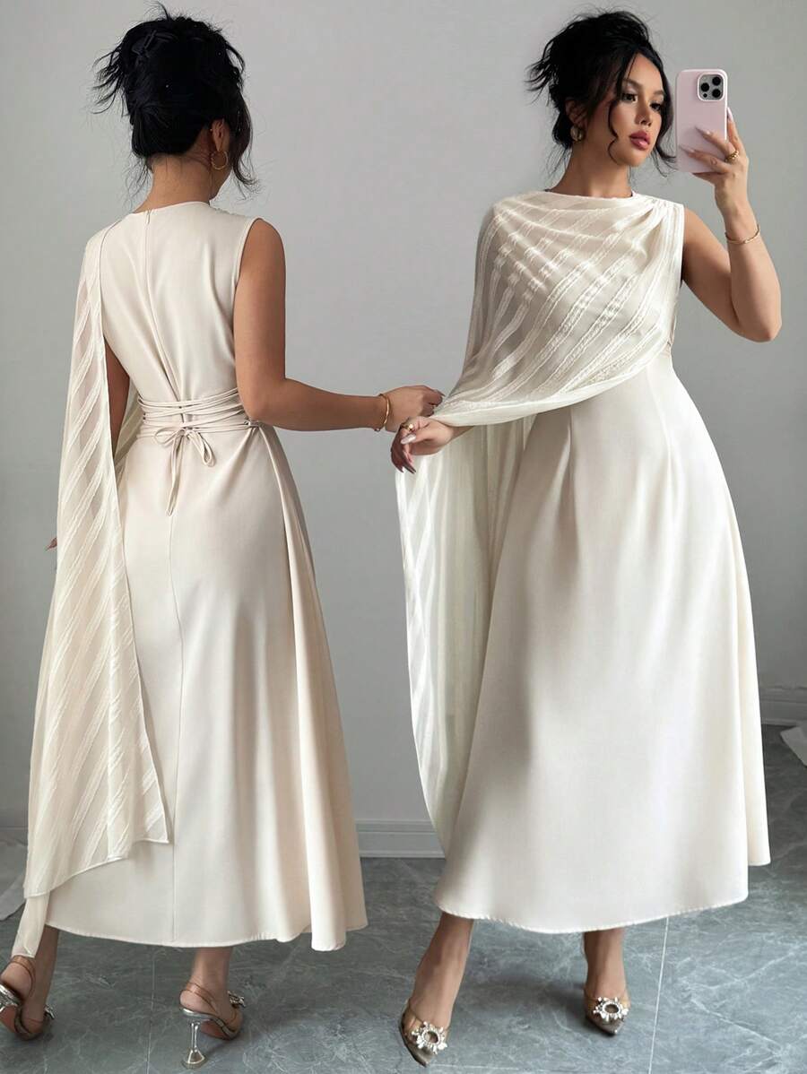 Rafferiza Elegancka, jednokolorowa, długa sukienka damska z kołnierzem szalowym - Morela - Zobacz 1