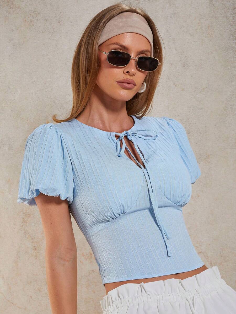 COSMINA Women's Solid Color Front Tie Bubble Short Sleeve Crop Top - Baby Blue - View 1