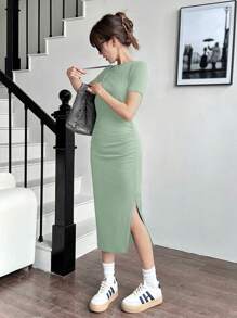 SHEIN Vestido casual de punto con cintura acanalada y fruncida con abertura para adolescentes