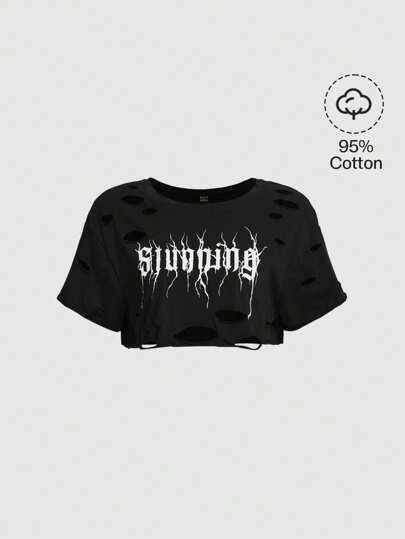 Letter Graphic Ripped Crop Tee