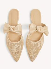 CUCCOO CHICEST Beige Pointed Toe Bow & Lace Decor Flat Mules Slip On Casual Loafers For Women - Apricot - View 3