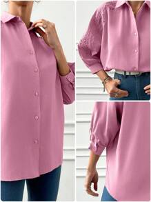 EURMUSE French Style Shirt Made Of Woven Fabric With Eyelet Embroidery On The Shoulders, Long Sleeves, Classic Shirt Collar - Pink - View 6