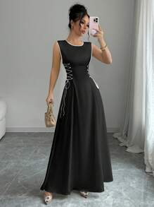 Selianne Women's Elegant White With Black A-Line Waist Accented Sleeveless Long Satin Dress - Black - View 4