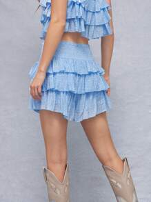 WESTFADE Spring Textured Chiffon & Crochet Lace High Rise Ruffle Tiered Shorts Summer Beach Vacation Casual Cute Western Cowgirl - Blue - View 5
