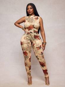 Slaydiva Nuevo mono de verano casual y sexy para mujer con estampado de dragón rosa y malla, de cuello alto, sin mangas, ajustado, con Bottom en color albaricoque