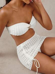 Swim Oasis 3pcs/Set Summer Vacation Plain Texture Fabric Starfish Accessory Tube Top Bikini Set With Front Drawstring And Bodycon Skirt - White - View 1