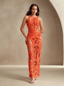 Anewsta Váy dài thanh lịch cho kỳ nghỉ bãi biển dành cho nữ có xẻ tà và họa tiết lá cọ, váy maxi che thân không tay, trang phục mùa xuân cho phụ nữ, quần áo mùa hè, thanh lịch, kỳ nghỉ, ngày lễ, bãi biển, lễ hội - trái cam - Xem 6