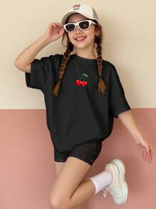 SHEIN Leap Crew 2 件套休闲青少年女孩短袖 T 恤和短裤套装，适合夏季