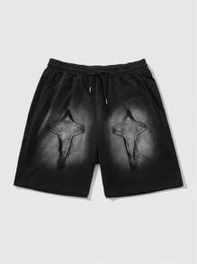 ROMWE MEN Grunge Punk Summer Men's Washed Streetwear American Design Star Patch Embroidery Shorts - Black - View 4