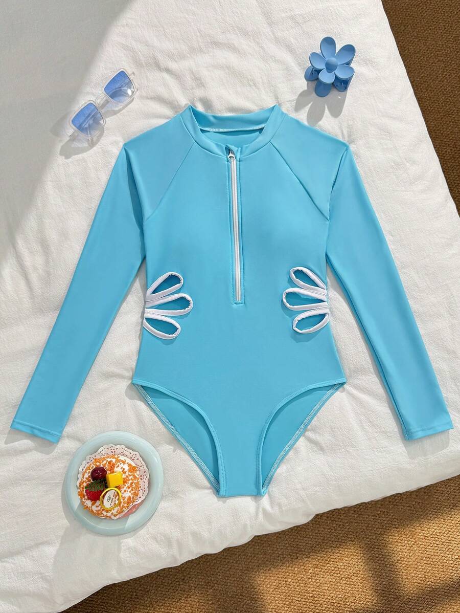 Traje de baño una pieza de manga larga para niñas preadolescentes, adecuado para el verano - Azul - Ver 1