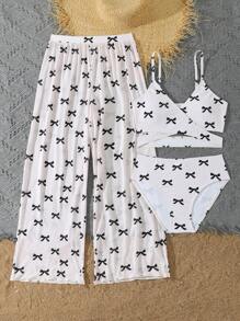 青少年女孩夏威夷蝴蝶结花卉印花泳衣套装（含罩衫和裤子）