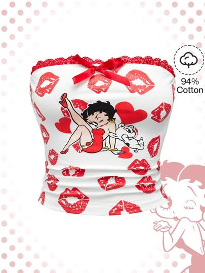 Betty Boop | ROMWE Top de tubo de encaje contrastante con impresión de personajes de dibujos animados y labios