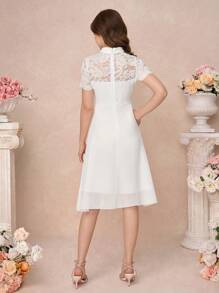 SHEIN Pitira Vestido de encaje blanco semitransparente y parches de gasa hasta la mitad de la pierna para niñas adolescentes, apropiado para ocasiones como fiestas, elegante, bodas, regreso a clases, graduación