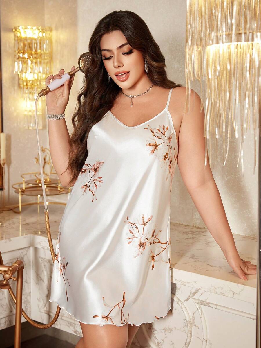 LuxeNights 大码女式宽松碎花吊带柔软睡袍睡衣