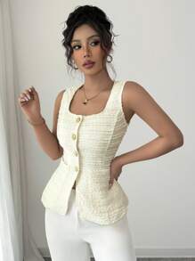 SHEIN Unity معطف أنيقة وكاجوال وكلاسيكية بدون أكمام مزودة بياقة مربعة بيضاء للنساء، ملابس علوية ربيعي - لون مشمشي - مشاهدة 4