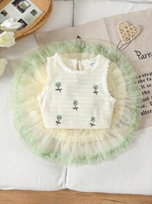SHEIN 2 pezzi/Set Nuova estate per bambine Top a maglia canottiera e gonna tutu ricamata traforata, Abito da principessa alla moda con gonna ampia - Verde - Visualizzare 1