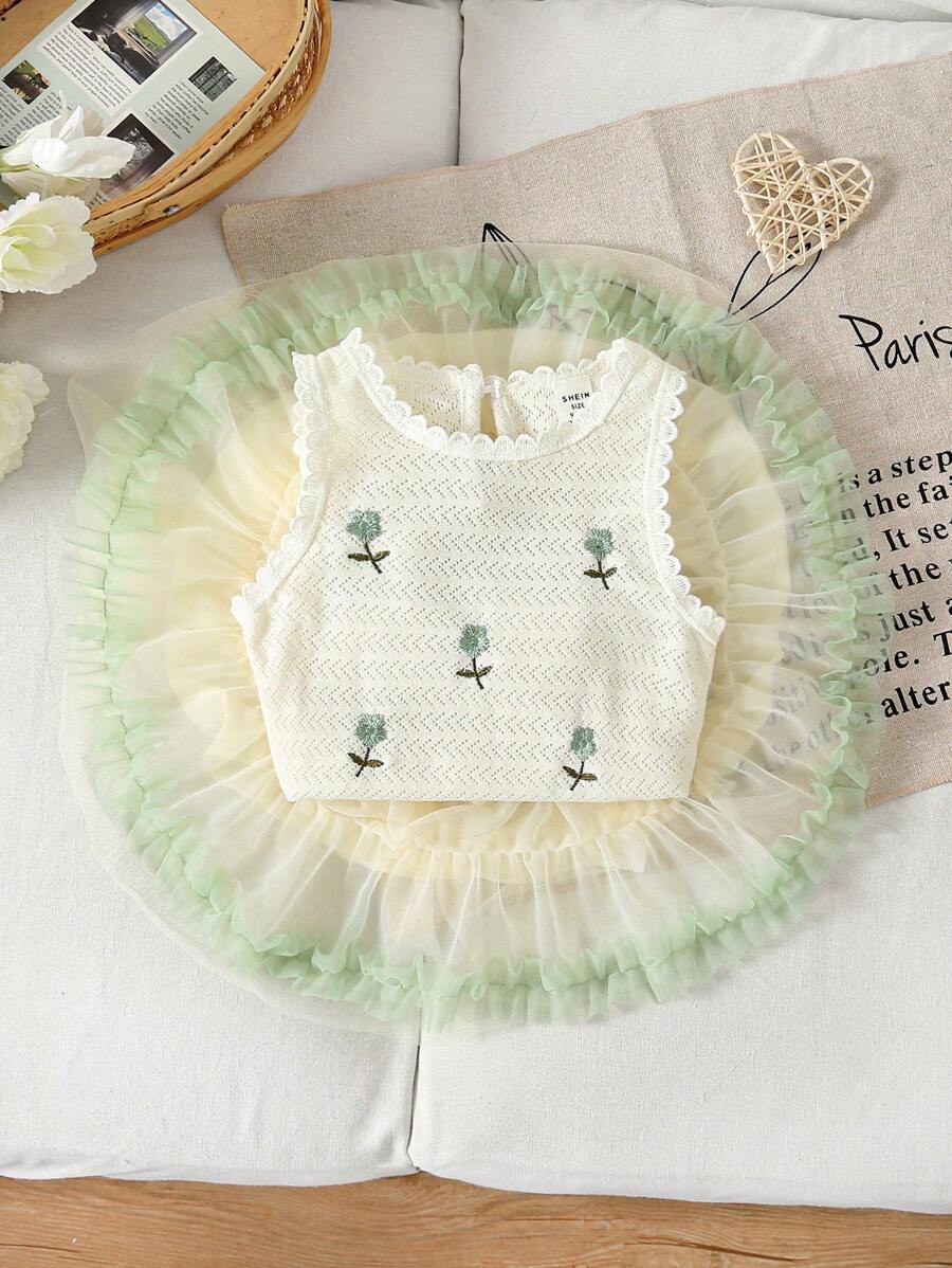 SHEIN 2 pezzi/Set Nuova estate per bambine Top a maglia canottiera e gonna tutu ricamata traforata, Abito da principessa alla moda con gonna ampia - Verde - Visualizzare 1