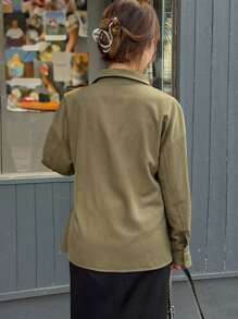 FRIFUL Women's Casual Loose Solid Color Belted Shirt, Turndown Collar Long Sleeve, Autumn