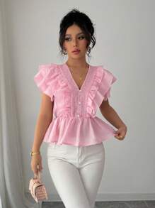 Elenzga Women's Fashionable Elegant V-Neck Ruffle Trim Sleeveless Textured Blouse, Spring/Summer - Pink - View 6