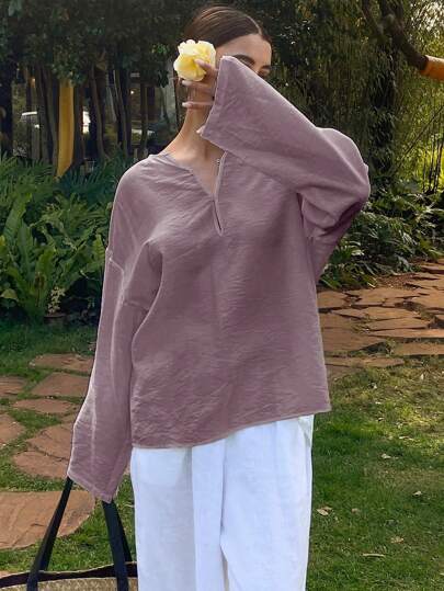 Livesso Women's Solid Color Loose Long Sleeve Round Neck Casual Holiday Summer Blouse Vacation