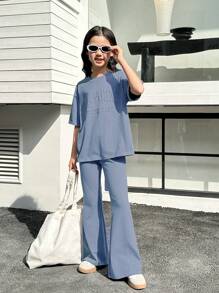 2pcs/Set Tween Girls 3D Letter Print Loose Casual Raglan Tee & Flared Pants Set - Dusty Blue - View 1