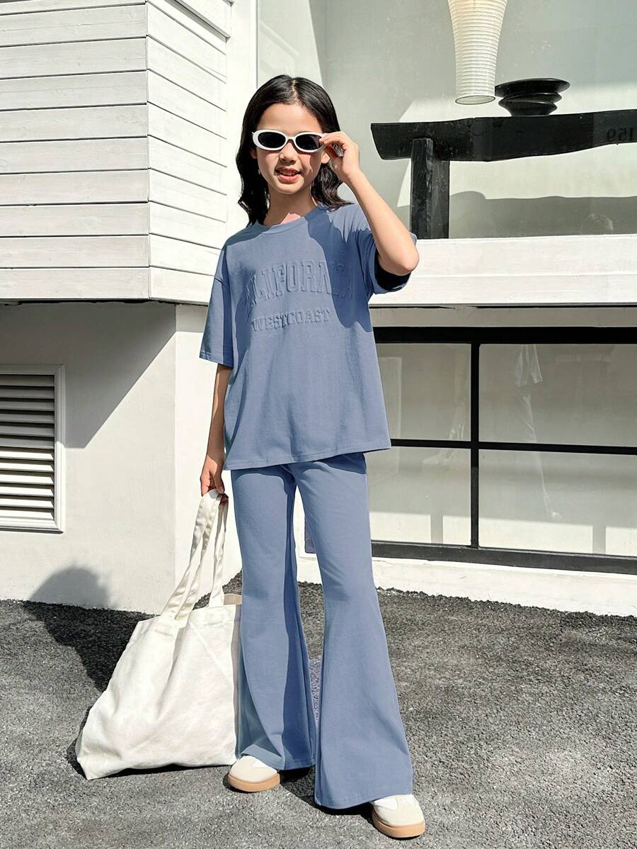 2pcs/Set Tween Girls 3D Letter Print Loose Casual Raglan Tee & Flared Pants Set - Dusty Blue - View 1