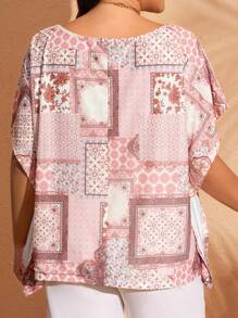 EMERY ROSE Plus Size Summer Fake Splice Pinted Batwing Loose Tunic Tops - Multicolor - View 3