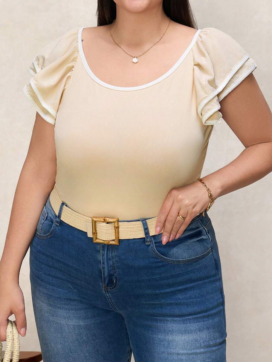 Chikora Große Größen Kontrast Bindung Rüschenverzierung Rundhals Kurzarm T-Shirt