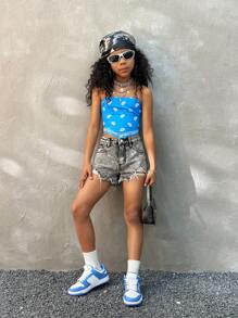 Coolane Kids Tween Girls Summer Streetwear Y2K Essentials Cashew Flower Pattern Bodysuit Bandeau Off The Shoulder Tops,Back To School,Cute,Back To School