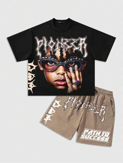 Street Life Men's Hip Hop Figure Printed Short Sleeve T-Shirt Set, Vintage Streetwear Style