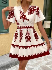 Chiquease Women's Retro Print V-Neck Elegant Summer Dress - Burgundy - View 6