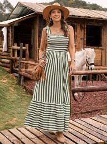 LanaWest Women's Shoulder Strap Chest Gathered Striped Dress Maxi Vacation Beach Outfit