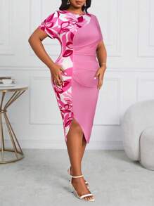 Fleurora Plus Size Purple Printed Contrast Color Stitching Ruched Asymmetrical Hem Round Neck Short Sleeve Slim Fit Bodycon Dress Four Seasons