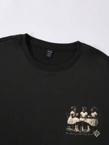 ROMWE MEN Street Life Men's Loose Short Graphic T-Shirt With Slogan And Figure Print - Black - View 2