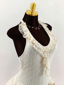 Amplova Ruffled Wrap-Around Ribbon Tie Neck Backless Floral Lace Trim Bodycon Mini Dress