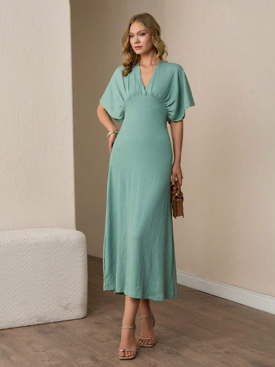 SHEIN Cottnline Women's Solid Color Simple Daily V-Neck Dress - Mint Green - View 1