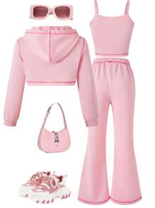 SHEIN Sparklyn Tween Girls 3 件套休闲套装 - 对比色针脚短款连帽衫、细肩带和喇叭裤 - 粉色 - 查看 2