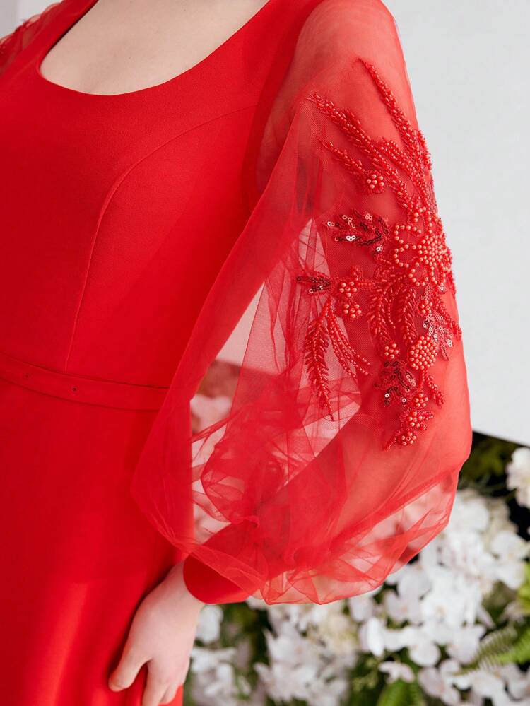 BEADS CONTRAST MESH COCKTAIL DRESS