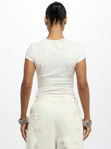 SUMWON WOMEN Video Vixen Crop Top Baby Tee Festival Y2K Aesthetic Casual Summer Short Sleeve Statement Graphic T-Shirt Streetwear Fashion Basic Fitted Tee - White - View 2