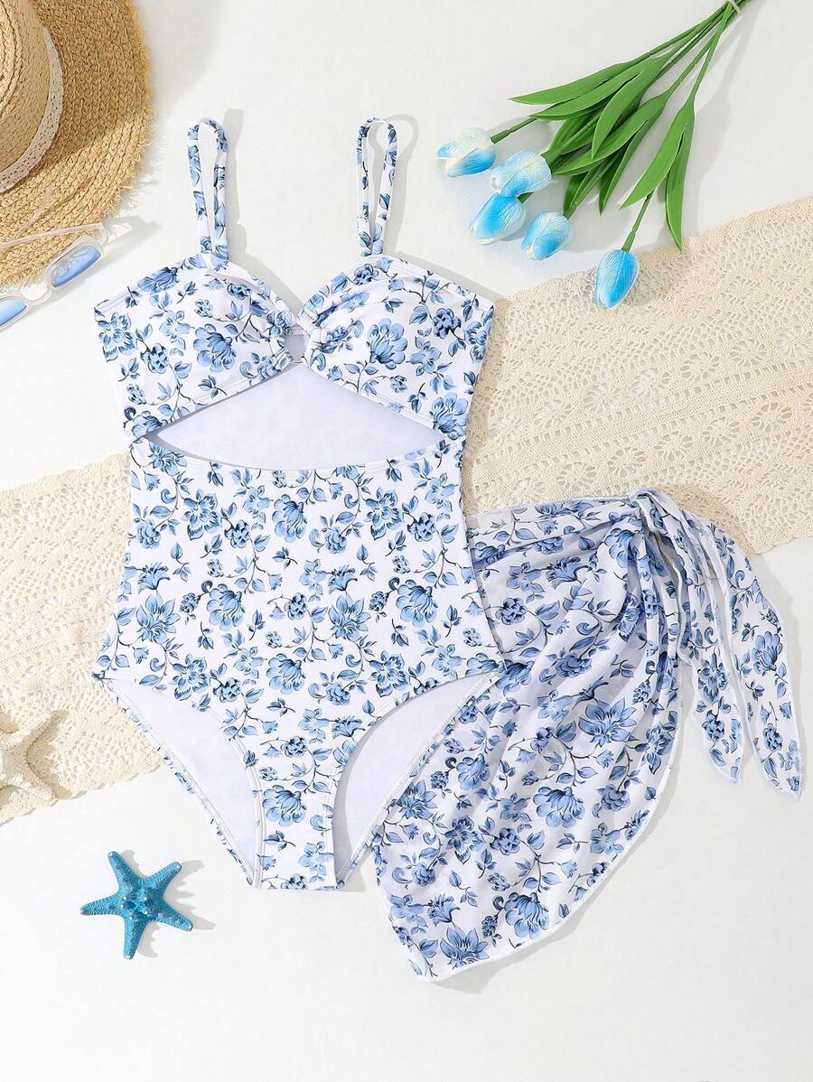 SHEIN 2 Stücke/Set Teenager Mädchen Blumen Muster Bikini & Pareo Rock, Sommer Strand/Urlaub - Blau-Weiß - Übersicht 1